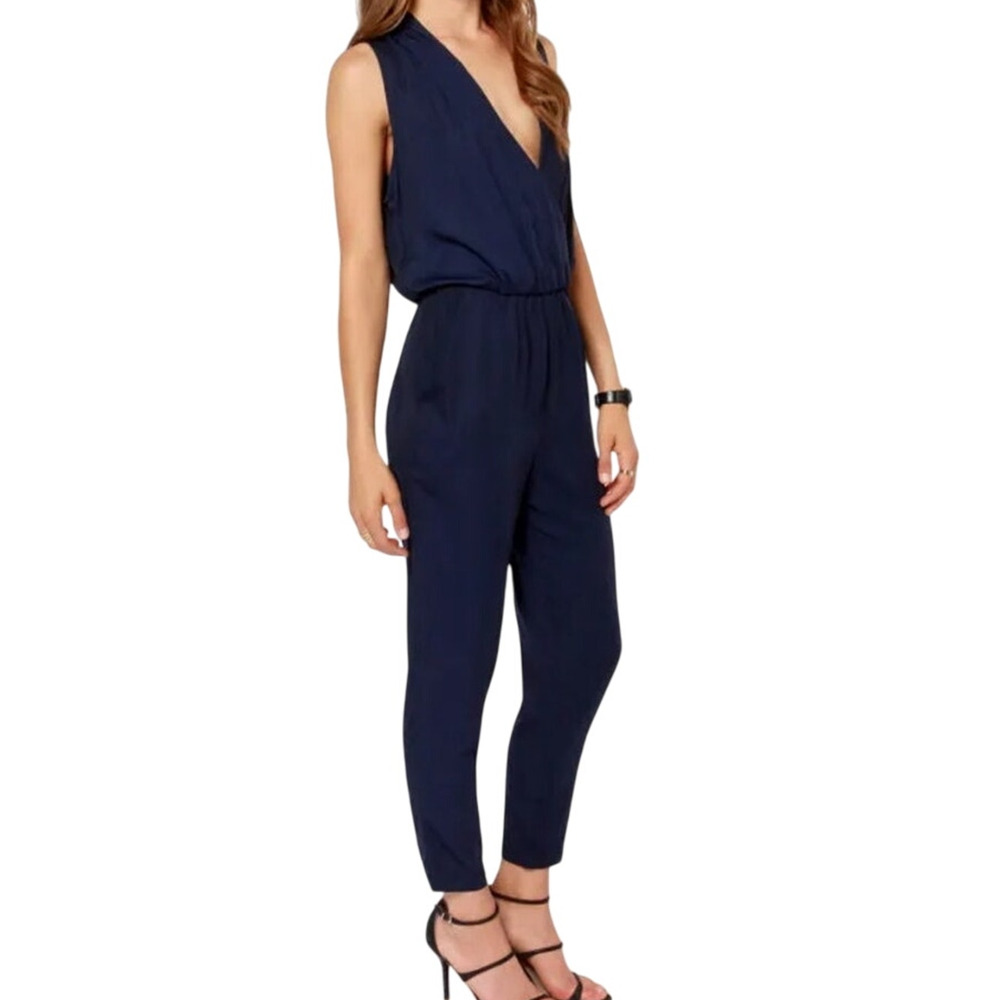 Aryn K Sleeveless Navy Jumpsuit M Blue Silky Slit Back Event Club Feminine Chic